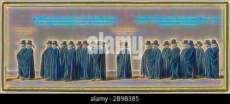 La procession funéraire de Frederik Hendrik, plaque no 28 procession funéraire de syne hoogheyt Frederick Henrick. Édition de luxe en couleur des reproductions de la procession funéraire de Frederik Hendrik en 1647 (titre de la série), plaque no 28. Imprimé coloré dans un cadre décoré d'or et collé dans l'édition de luxe de Ca. 1755 du livre 'Begraeffenisse van syne hoogheyt Frederick Henrick' de Pieter Post, publié à Amsterdam en 1651, Frederik Hendrik (Prince of Orange), Pieter Nolpe, 1651, papier, gravure, h 225 mm × W 565 mm, repensé par Gibon, design de glabour chaleureux de luminosité Banque D'Images