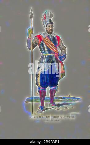 Piquier de la Garde Hollandaise. (17 siècle) Sous le prince Maurice (titre sur objet), homme en costume historique d'un piersier de la Garde néerlandaise sous le prince Maurice, XVIIe siècle. Présentation ajoutée à l'œuvre de tôlerie sur la balle en costume tenue au palais du prince d'Orange (le plus tard le roi William III) à la Haye le 26 février 1845, costume historique, armes à hélices, poles (pour frapper, pirater, throuiller): pike, Elias Spanier (mentionné sur l'objet), la Haye, 1840 - 1850, papier, h 273 mm × W 180 mm, réinventé par Gibon, design de gai chaud de luminosité et l Banque D'Images