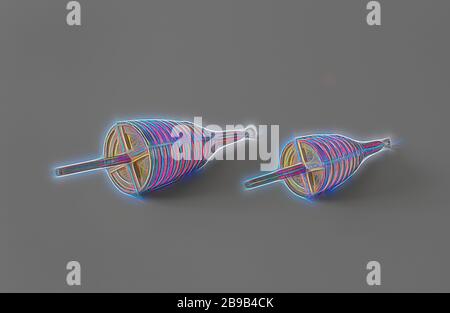 Deux modèles de bouées, deux modèles identiques d'une bouée avec un corps conique avec une extrémité inférieure vive et un dessus plat rond, où un poteau s'accroche. Comme un canon, il est composé de rasages et de cerceaux. Au bas d'un long point se trouve un œil pour la chaîne d'ancrage. Marqués d'ancres croisées. Échelle 1:10 (archives)., Division des forces armées (forces terrestres), tête (humaine), tête (humaine) - AA - personnage humain féminin, Rijks Algemeen Betonningsmagazijn (éventuellement), Enkhuizen (éventuellement), 1873, bois (matériel végétal), fer (métal), (A) : l 34,5 cm × 8,3 cm (B) : l 38,5 cm × d 10 cm, repensée par Gibon, conception de wa Banque D'Images