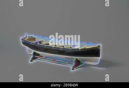 Modèle d'un bateau long, modèle de treillis polychromé sur une norme. Écorce à double bande lisse, incurvée avec miroir plat et fin, disque dans la prow, piste, sept têtes et six rails, et cabine ouverte avec profondeurs latérales et molle. Barre simple avec un timon en laiton incurvé pour se déplacer autour du mât de raisin. Échelle 1:10 (dérivée)., anonyme, Pays-Bas, c. 1865 - c. 1880, bois (matériau végétal), laiton (alliage), corde, modèle : h 20,7 cm × l 83,7 cm × l 25,1 cm capsule d'emballage : h 26 cm × l 87,5 cm × d 33 cm, repensée par Gibon, design de brillant gai chaud de luminosité et de li Banque D'Images