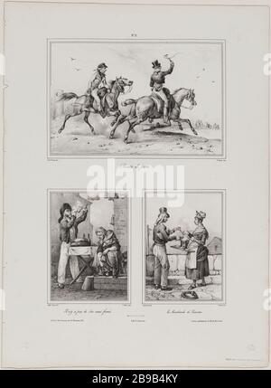 Scènes d'album et divers costumes: Post Road / pas de fumée sans feu / le marchand de saucisses Jean-Victor Adam, dit Victor Adam (1801-1866), PEINtre et lithographe English. Album 'scènes et costumes divers' : route de poste il n'y a pas de feu sans fumée la marchant de saucisses. Lithographie en noir et blanc, XIXème siècle. Paris, musée Carnavalet. Banque D'Images