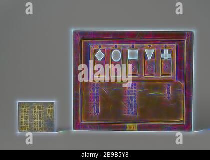 Modèle d'un télégraphe optique, modèle d'un télégraphe optique avec code. Le telegraaf est composé d'une planche en bois avec cinq différentes formes de découpe dans une ligne qui peut être recouverte d'un mouvement vertical curseurs, leur mouvement est contrôlé par des poids dans les cadres. Le code est fourni deux fois : une fois sur un morceau de papier au bas du télégraphe, une fois sur un autre conseil peint en blanc. Le code donne le signal pour les lettres de l'alphabet., anonyme, Royaume-Uni), ch. 1795 - c. 1816, bois (matière végétale), laiton (alliage), corde, papier, telegraph : h 51,7 cm × W 62 Banque D'Images