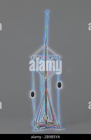 Modèle d'un télégraphe côtier Batavian, modèle d'un télégraphe optique. Il se compose d'un mât propulpé avec une fenêtre et une tige drapeau. L'une des quatre entretoises est équipée de segments pour monter dans le mât. Avec des palans sur des blocs sur la RA, deux ailes ou ailes recouvertes de tissu sont déplacées à mi-hauteur du mât, et deux balles sont envolées vers le haut et vers le bas aux extrémités de la RA., anonyme, Pays-Bas, c. 1798 - c. 1800, bois (matière végétale), laiton (alliage), matières textiles, corde, modèle: h 58,9 cm × W 16,4 cm × d 15,3 cm capsule d'emballage: h 63,5 cm × W 31 cm × d 25 cm, repensée par Gibon, conception de chaud Banque D'Images