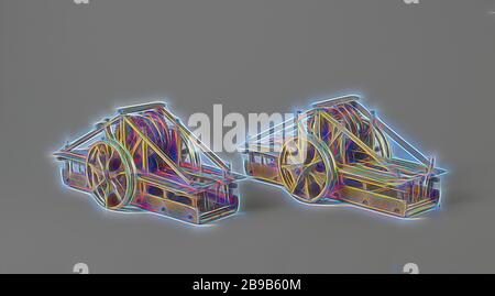 Deux modèles d'un panier de sauvetage des épaves, deux modèles identiques d'un dispositif de sauvetage pour les opérations de sauvetage en cas de naufrage sur une plage. C'est une voiture à deux roues avec les roues au milieu, les roues ont sept rayons doubles lames, autour de laquelle sont montés, ce qui peut se déplacer de haut en bas : cet appareil sert probablement à promouvoir la rotation des roues à l'aide du poids des pales qui tombent. Les roues sont entraînées par un engrenage dans un cadre en bois au milieu qui a une transmission de 8/45 dans l'autre sens., les navires (en général), Rijkswerf Rotterdam (éventuellement), Rotte Banque D'Images