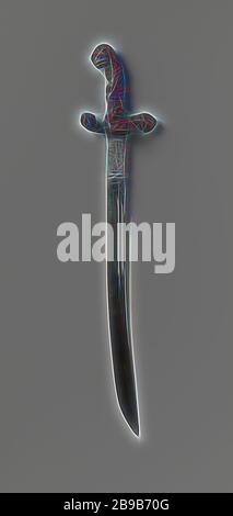 Petit Sabre, petit Sabre (Hack). Trouvé: Hilt brun foncé de corne en forme de lion debout sur ses pattes arrière avec un prédateur (loup?) Couché sur le sol. Parierang avec des têtes de lion aux extrémités. Kling : bordure. Deux canaux. La lame a quatre encoches horizontales., anonyme, indépendante (éventuellement), 1500 - 1625, kling, greep, forgeage, l 62,5 cm W 12 cm × h 7,5 cm l 48 cm, repensée par Gibon, design de glanissement chaleureux et gai de luminosité et de rayons de lumière radiance. L'art classique réinventé avec une touche moderne. La photographie inspirée du futurisme, embrassant l'énergie dynamique de la technologie moderne, du mouvement, de la vitesse A. Banque D'Images