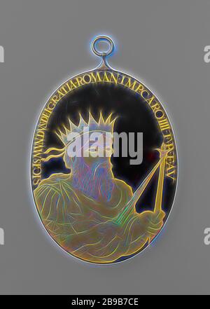 Sigismond, plaque ovale avec le buste de Sigismond I sur la moitié inférieure, avec l'ensemble de la figure tournée vers la droite. L'homme a les cheveux bouclés, barbe et moustache. Sur sa tête il a une couronne de points. Les deux extrémités d'un ruban sont visible derrière la tête. Il porte une robe de vin qui est fixée sur les épaules. Dans sa main droite une épée et dans sa main gauche un sceptre. Gravure sur tranche : Avant : SIGISMVNDVS. DEI. GRATIA. Roman. IMP. CARO. IIII. F.P.E.AV. Inverse : SIGISMVNDVS, imper, Dr XXVI. (Etc.), Sigismond I (empereur du Saint Empire romain), anonyme, Japon, 1775 - 1800, le cuivre (métal), lacqu Banque D'Images