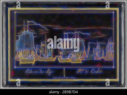 La fin de la bataille de Dogger Bank, la fin de la bataille de Dogger Bank, plaque métallique laquée noire dans un cadre en bois peint en noir qui est partiellement doré. Image en or et gris sur fond noir : Navires avec voiles cassées après la bataille, les tirs sont tirés en bas à droite., bataille (force navale), Doggersbank, Sasaya, Japon, 1792, métal, bois (matière végétale), laque (revêtement), laquage, h 36,7 cm × W 52,8 cm, repensée par Gibon, conception de glanissement chaleureux et rayons de lumière. L'art classique réinventé avec une touche moderne. Photographie inspirée du futurisme, de la embrancine Banque D'Images