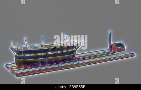 Modèle d'un chantier naval, modèle d'une rampe de remorquage à vapeur avec construction de machines, sur la pente d'un navire-barge en construction. En cas de verre., Pays-Bas, Royal Netherlands Army, anonyme, c. 1852, bois (matériel végétal), verre, h 40 cm × l 270 cm × W 45 cm, repensé par Gibon, design de glanissement chaleureux et gai de la luminosité et des rayons de lumière radiance. L'art classique réinventé avec une touche moderne. La photographie inspirée du futurisme, qui embrasse l'énergie dynamique de la technologie moderne, du mouvement, de la vitesse et révolutionne la culture. Banque D'Images