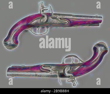 Pistolet à peluches, pistolet à verrouillage par silex, partie de couple. Marchez partiellement autour, partiellement octogonal, lisse à l'intérieur. Grain de visière en fer. Pas de garder. Plaque de blocage ronde. Plaque latérale en fer. Plateau avec un fil argent incrusté. Raccords en fer. Plaque latérale avec crochet de courroie. Bâton de chargement en bois. Haan a probablement renouvelé, Pays-Bas, anonyme, West-Europa, c. 1599 - c. 1699, boucle, slotplaat, haan, fil d'argent, lade, kolf, incrustation (procédé), l 27,5 cm l 14,7 cm d 14 mm, repensée par Gibon, design de glouage chaleureux de luminosité et de rayons de lumière radiance. L'art classique réinventé avec une touche moderne. insp. Photographie Banque D'Images