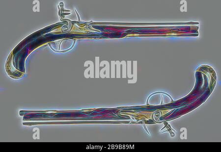 Pistolet à silex, silex pistolet avec une ronde, ronde, gaufré, fourreau de fer de la partie arrière qui est gravé d'un motif ornemental, avec un pare-soleil d'argent à la fin du grain le tiroir est faite de bois et a entaillé sur le dessous. Le cas de blocage est en cuivre dans lequel des motifs floraux et des feuilles sont gravés sur la face inférieure de la serrure cas le nom 'IL. BEHR. Coq en fer dont le pourtour est décoré, la fin de l'acier à tête ronde est un ressort avec un point sur elle. Le ballon est entièrement faite de bois, la tête de la fiole est fait de bronze dans lequel la tête d'un monstre est gravé. Les autres tr Banque D'Images