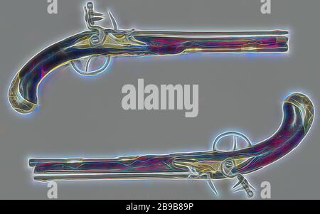 Pistolet à silex, silex pistolet avec une ronde, ronde, gaufré, fourreau de fer de la partie arrière qui est gravé d'un motif ornemental, avec un pare-soleil d'argent à la fin du grain le tiroir est faite de bois et a entaillé sur le dessous. Le cas de blocage est fait de bronze dans lequel des motifs floraux et des feuilles sont gravés sur la face inférieure de la serrure cas le nom 'IL. BEHR. Coq en fer dont le pourtour est décoré, la fin de l'acier à tête ronde est un ressort avec un point sur elle. Le ballon est entièrement faite de bois, la tête de la fiole est fait de bronze dans lequel la tête d'un monstre est gravé. Les autres tr Banque D'Images