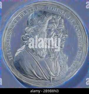 Meurtre des frères de Witt, médaille d'argent. Front: Buste des frères de Witt dans un design circulaire. Inverse : deux navires qui s'écrasent sur les rochers dans une tempête lourde dans un cercle., la Haye, Cornelis de Witt, Johan de Witt, anonyme, Pays-Bas, 1672, argent (métal), frappant (métallurgie), d 4,8 cm × W 46,12 gr, repensé par Gibon, design de glanissement chaleureux et de rayons de lumière. L'art classique réinventé avec une touche moderne. La photographie inspirée du futurisme, qui embrasse l'énergie dynamique de la technologie moderne, du mouvement, de la vitesse et révolutionne la culture. Banque D'Images