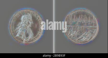 Atterrissage de William III à Torbay, médaille d'argent. Avant : buste de l'homme à l'intérieur. Inverse : atterrissage des troupes à Torbay, en premier plan le soldat Fainted Justice se maintient dans une couverture, dentelle script, Torbay, Devon, Angleterre, Willem III (Prince of Orange et roi d'Angleterre, Ecosse et Irlande), George Bower, Londres, 1688, argent (métal), frappe (métallurgie), d 5 cm × W 53.68 gr, Repensée par Gibon, design de glanissement chaleureux et gai de la luminosité et des rayons de lumière radiance. L'art classique réinventé avec une touche moderne. La photographie inspirée du futurisme, embrassant l'énergie dynamique de la te moderne Banque D'Images
