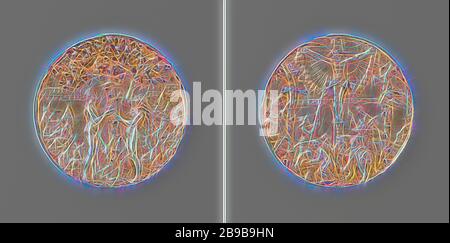 L'automne et de la crucifixion, de la médaille frappée par ordre de Johan Frederik le généreux, Électeur de Saxe, médaille d'argent. A l'avant : Adam et Eve debout de chaque côté de l'arbre de la connaissance, un serpent se tord autour de la tige, Adam est titulaire d'une pomme dans sa main et Eve atteint pour une pomme accrochée à un arbre, toutes sortes d'animaux autour d'eux, à gauche : création d'Ève au-dessus des armoiries, droite expulsion du paradis au-dessus des armoiries, d'un côté ou de l'arbre : inscription. Inverse : Christ crucifié au milieu de deux autres croix, au pied de la croix un groupe de personnes, y compris Marie, l'homme à cheval et s Banque D'Images