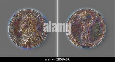 Transfert du gouvernement à Philip II, Médaille d'argent. Avant : buste de l'homme à l'intérieur. Inverse : Atlas portait le globe dans un cercle, Charles V de Habsbourg (empereur allemand et roi d'Espagne), Philip II (roi d'Espagne), Gianpaolo Poggini, Anvers, 16-Jan-1556 - 25-Oct-1556, argent (métal), fondateur, d 4,3 cm × 27,33 gr, réinventé par Gibon, conception d'un brillant chaleureux et joyeux de la luminosité et des rayons de lumière radiance. L'art classique réinventé avec une touche moderne. La photographie inspirée du futurisme, qui embrasse l'énergie dynamique de la technologie moderne, du mouvement, de la vitesse et révolutionne la culture. Banque D'Images