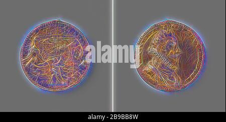 Siège et capture d'Anvers par le duc de Parme, médaille d'argent avec œil cassé. Avant : buste de l'homme à l'intérieur. Inverse: De son lit montant duke de Parme, Satyr montre la terre inondée, le pont de navire et la ville d'Anvers dans un cercle., Anvers, Alessandro Farnese (gouverneur des Pays-Bas et duc de Parme et Piacenza), gouverneur des Pays-Bas du sud Albert Casimir, Jacques Jonghelinck, 1585, argent (métal), Dorures (matière), dorures, d 4,6 cm × W 26,71 gr, repensées par Gibon, conception de la gaie chaleureuse de luminosité et de rayons de lumière radiance. L'art classique réinventé W Banque D'Images