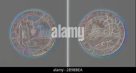 Allusion à la persévérance des Remontants, défaut de comparaître et de fuir à l'étranger du pasteur Remonsontant Johannes Wtenbogaert, médaille d'argent. Obverse: La main des nuages contient des tas de raisins au-dessus de la winepress dans un cercle. Inverse: Fable du renard et du lion et des empreintes dans une inscription., Johannes Wtenbogaert, Johan Wijntgens, Kampen, 1619, argent (métal), frappant (métallurgie), d 5,7 cm × W 52.68 gr, repensé par Gibon, design de glanissement chaleureux et rayons de lumière radiance. L'art classique réinventé avec une touche moderne. Photographie inspirée du futurisme, embrassant dyna Banque D'Images