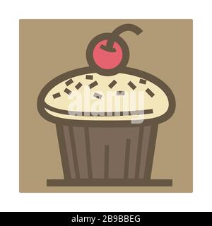 Cupcake avec cerise sur l'icône isolée supérieure, la cuisson et la confiserie Illustration de Vecteur