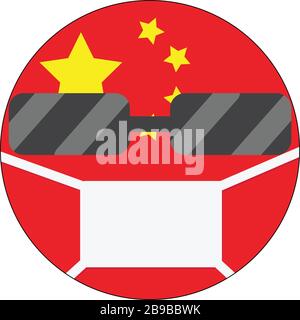 Émotiji malade chinois. Émotiji drapeau chinois portant un masque pour se protéger du corona-virus de Wuhan. Prévention de la pandémie et protection contre le smog et le polluutio Illustration de Vecteur