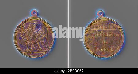 Loterie Imperiale de France, médaille du membre du bureau de loterie, médaille de laiton avec boulon à œil. Avant : aigle avec éclair dans les griffes. Inverse : inscription, anonyme, France, 1804 - 1815, laiton (alliage), fondateur, h 6.4 cm × d 5.4 cm × W 74.72 gr, réinventé par Gibon, design de gaieté chaleureuse et gaie de la luminosité et des rayons de lumière radiance. L'art classique réinventé avec une touche moderne. La photographie inspirée du futurisme, qui embrasse l'énergie dynamique de la technologie moderne, du mouvement, de la vitesse et révolutionne la culture. Banque D'Images