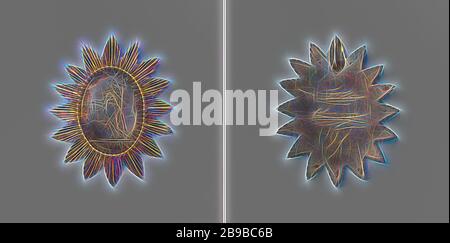 Membre du Conseil de la magistrature d'Utrecht, médaille d'argent en bordure de câble et en jets plaqués or avec seize points. Obverse: Justice avec capuchon de liberté sur la lance à gauche et balance à droite dans la circonférence, coupure: Inscription. Face arrière: Oeillet au-dessus du nom rayé et de l'année, Utrecht, anonyme, 1797, argent (métal), dorures (matériau), dorures, h 6.7 cm × d 5.4 cm × W 18.98 gr, repensé par Gibon, design de gaie chaleureuse de luminosité et rayons de lumière radiance. L'art classique réinventé avec une touche moderne. La photographie inspirée du futurisme, embrassant l'énergie dynamique du mod Banque D'Images