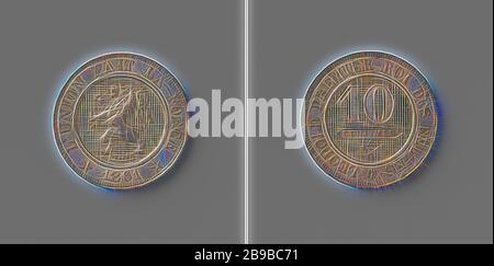 Dix cents de Léopold I, roi des Belges, Front: Face gauche, lion debout sur un champ à facettes au-dessus de la cartouche avec signature à l'intérieur de l'inscription, couper: Inscription et signature. Inverse : numéro 10 au-dessus de la cartouche avec inscription et étoile à cinq points dans l'inscription, Leopold I (roi des Belges), Joseph Pierre Braemt, Belgique, 1861, nickel (métal), frappant (métallurgie), d 2,1 cm × W 4,56 gr, reimaginé par Gibon, design de glanissement chaleureux et de rayons de lumière. L'art classique réinventé avec une touche moderne. Photographie inspirée du futurisme, embrassant la dynamique en Banque D'Images