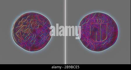 Steunoordje, Saint-Esprit ou orphelinat de Gouda, Obverse: dove avec ailes de propagation et halo au milieu des étoiles à l'intérieur de la frontière décorative. Inverse: Armoiries sous l'année à l'intérieur de la bordure décorative, Gouda, anonyme, 1559, cuivre (métal), frappant (métallurgie), d 2,3 cm × W 2,33 gr, repensé par Gibon, design de glanissement chaleureux et gai de la luminosité et des rayons de lumière radiance. L'art classique réinventé avec une touche moderne. La photographie inspirée du futurisme, qui embrasse l'énergie dynamique de la technologie moderne, du mouvement, de la vitesse et révolutionne la culture. Banque D'Images