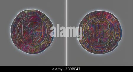 Adolf II et Fifips van Kleef, Lords of Ravenstein, Médaille du cuivre. Obverse : couche de bras dans le cercle, composée de différentes arches et de la circonférence. Inverse: Monogramme des lettres C et P à l'intérieur d'un cercle composé de quatre arches et aura décorées, Lord Ravenstein Adolf II van Kleef et Mark, Lord van Ravenstein Philip van Kleef, anonyme, 1492, cuivre (métal), frappant (métallurgie), d 2,8 cm × W 3,64 gr, réinventé par Gibon, conception d'un brillant chaleureux et joyeux de la luminosité et des rayons de lumière radiance. L'art classique réinventé avec une touche moderne. La photographie inspirée du futurisme, embrassant la dynamique Banque D'Images