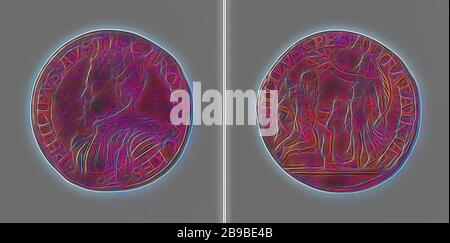 Philip, héritier de l'Espagne, seigneur des Pays-Bas, Médaille du cuivre. Avant : buste de l'homme à l'intérieur. Inverse : femme debout, représentant la Victoire, tenant la branche de palmier à gauche et tenant une couronne de laurier au-dessus de la tête de Philippe, vêtue d'un uniforme romain, assise sur une chaise avec un personnel de commandement à l'intérieur d'une inscription, Philip II (roi d'Espagne), anonyme, 1555, cuivre (métal), frappant (métal), d 2,8 cm × W 4,67 gr, repensé par Gibon, design de glanissement chaud et gai de la luminosité et des rayons de lumière radiance. L'art classique réinventé avec une touche moderne. Photographie inspirée du futurisme, emb Banque D'Images