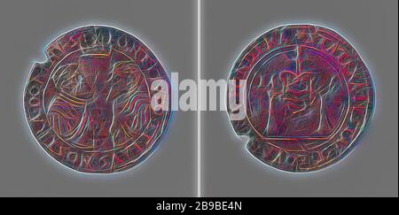 Charles V, empereur allemand, jeton de calcul de la ville de Bruxelles, jeton de cuivre avec trou au milieu. Avant : pièce de poitrine de l'homme avec couronne à l'intérieur de l'inscription. Inverse: Armoiries dans un cercle, Bruxelles, Charles V de Habsburg (empereur allemand et roi d'Espagne), anonyme, Anvers, 1556, cuivre (métal), frappant (métallurgie), d 2,8 cm × W 4,38 gr, repensé par Gibon, design de glanissement chaleureux et joyeux de la luminosité et des rayons de lumière. L'art classique réinventé avec une touche moderne. La photographie inspirée du futurisme, embrassant l'énergie dynamique de la technologie moderne, du mouvement, de la vitesse et de la vitesse Banque D'Images