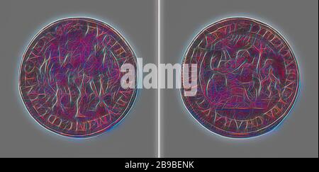 Avertissement allégorique pour le manque de fiabilité des alliés anglais, médaille du cuivre. Obverse: Homme qui échappe à la fumée et finit dans le feu dans la couverture. Inverse: singe avec garçon dans une inscription, anonyme, Dordrecht, 1586, cuivre (métal), frappant (métallurgie), d 3.1 cm × W 4.73 gr, reimaginé par Gibon, design de glanissement chaud et gai de la luminosité et des rayons de lumière radiance. L'art classique réinventé avec une touche moderne. La photographie inspirée du futurisme, qui embrasse l'énergie dynamique de la technologie moderne, du mouvement, de la vitesse et révolutionne la culture. Banque D'Images