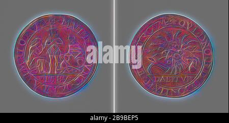 Maladie et famine aux Pays-Bas espagnols à la suite du blocus de guerre, Médaille du cuivre. Obverse: Spaniard, debout entre faim, représenté comme une femme assise, émaciée, et mort, représenté comme un squelette, assis au milieu d'une arme entourée d'un enveloppement, coupé: Année. Inverse: Corne d'abondance farcie dans un emballage, coupé: Inscription, Belgique, anonyme, Dordrecht, 1587, cuivre (métal), frappant (métallurgie), d 3 cm × W 5.33 gr, réinventé par Gibon, design de glanissement chaud et gai de la luminosité et des rayons de lumière radiance. L'art classique réinventé avec une touche moderne. La photographie en tout cas Banque D'Images