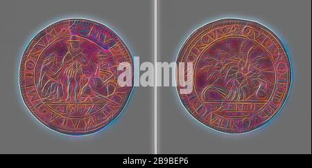 Maladie et famine aux Pays-Bas espagnols à la suite du blocus de guerre, Médaille du cuivre. Obverse: Spaniard, debout entre faim, représenté comme une femme assise, émaciée, et mort, représenté comme un squelette, assis au milieu d'une arme entourée d'un enveloppement, coupé: Année. Inverse: Corne d'abondance farcie dans un emballage, coupé: Inscription, Belgique, anonyme, Dordrecht, 1587, cuivre (métal), frappant (métallurgie), d 3,1 cm × W 5,96 gr, réinventé par Gibon, design de glanissement chaud et gai de la luminosité et des rayons de lumière radiance. L'art classique réinventé avec une touche moderne. Photographie in Banque D'Images