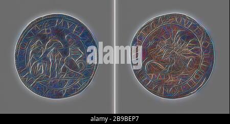 Maladie et famine aux Pays-Bas espagnols à la suite du blocus de guerre, médaille d'argent. Obverse: Spaniard, debout entre faim, représenté comme une femme assise, émaciée, et mort, représenté comme un squelette, assis au milieu d'une arme entourée d'un enveloppement, coupé: Année. Inverse: Corne d'abondance farcie dans un emballage, coupé: Inscription, Belgique, anonyme, Dordrecht, 1587, argent (métal), frappant (métallurgie), d 3 cm × W 7.70 gr, réinventé par Gibon, design de glanissement chaud et gai de la luminosité et des rayons de lumière radiance. L'art classique réinventé avec une touche moderne. La photographie en tout cas Banque D'Images