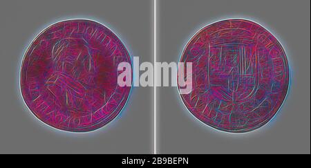 Philip II, roi d'Espagne, médaille de calcul du Conseil des finances, médaille de cuivre. Avant : buste de l'homme à l'intérieur. Marche arrière : Manteau couronné d'armes, accroché à l'ordre du Golden Fleece dans un emballage, Philip II (roi d'Espagne), Conseil des finances, anonyme, 1587, cuivre (métal), frappant (métallurgie), d 2,9 cm × W 4,72 gr, reimaginé par Gibon, design de glanissement chaleureux et gai de lumière radiance. L'art classique réinventé avec une touche moderne. La photographie inspirée du futurisme, qui embrasse l'énergie dynamique de la technologie moderne, du mouvement, de la vitesse et révolutionne la culture. Banque D'Images