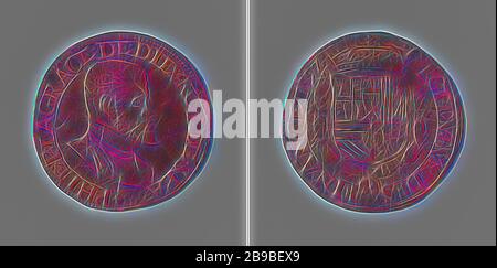 Philip II, roi d'Espagne, médaille de calcul du Conseil des finances, médaille de cuivre. Avant : buste de l'homme à l'intérieur. Inverse : manteau couronné d'armes, suspendu à l'ordre du Golden Fleece dans un emballage, Philip II (roi d'Espagne), Conseil des finances, anonyme, Belgique, 1592, cuivre (métal), frappe (métallurgie), d 3 cm × W 4,78 gr, repensé par Gibon, conception d'un brillant chaleureux et joyeux de la luminosité et des rayons de lumière radiance. L'art classique réinventé avec une touche moderne. La photographie inspirée du futurisme, qui embrasse l'énergie dynamique de la technologie moderne, du mouvement, de la vitesse et révolutionne le cul Banque D'Images