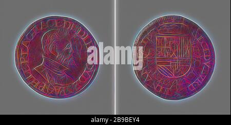 Philip II, roi d'Espagne, médaille de calcul du Conseil des finances, médaille de cuivre. Avant : buste de l'homme à l'intérieur. Inverse : manteau couronné d'armes, suspendu à l'ordre du Golden Fleece dans un emballage, Philip II (roi d'Espagne), Conseil des finances, anonyme, Anvers, 1593, cuivre (métal), frappe (métallurgie), d 3 cm × W 4,54 gr, repensé par Gibon, conception d'un brillant chaleureux et joyeux de la luminosité et des rayons de lumière radiance. L'art classique réinventé avec une touche moderne. La photographie inspirée du futurisme, qui embrasse l'énergie dynamique de la technologie moderne, du mouvement, de la vitesse et révolutionne le cul Banque D'Images