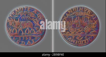 Encouragement de l'unité, Médaille d'argent. Avant: SPAN oxen pour charrue, à droite: Arbre, au-dessus: Lumière céleste dans un cercle, couper: Année. Inverse: Vue de la ville de Hoorn sur l'eau, sur laquelle deux pots flottent dans un cercle, couper: Post-avertisseur sonore, anonyme, Hoorn (Hollande du Nord), 1598, argent (métal), frappant (métallurgie), d 2,9 cm × W 6,91 gr, réinventé par Gibon, design de gaie chaleureuse de luminosité et de rayons lumineux radiance. L'art classique réinventé avec une touche moderne. La photographie inspirée du futurisme, qui embrasse l'énergie dynamique de la technologie moderne, du mouvement, de la vitesse et révolutionne la culture. Banque D'Images