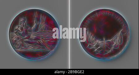 Amsterdam Cutter Association, médaille de bronze. Avant: Couronné Neptune avec trident à gauche, penche avec le bras droit sur la carafe à eau, dans le couteau de fond en mer, couper: Signature. Inverse: Champ vide au-dessus du trophee, composé de l'arc du navire, deux drapeaux avec pennants et deux ancres à l'intérieur d'un cercle, Amsterdam, Samuel Cohen Elion, 1850, bronze (métal), frappant (métallurgie), d 5 cm × 54,53 gr, repensé par Gibon, conception de glanissement chaleureux et rayons lumineux radiance. L'art classique réinventé avec une touche moderne. La photographie inspirée du futurisme, embrassant l'énergie dynamique de la te moderne Banque D'Images