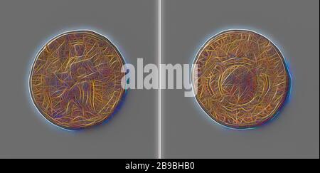 Guilde Saint-Bartolomeus de Saint-Omer, médaille de laiton. Obverse: Couronné Bartolomeus avec épée et globe dans les mains [?] Entouré d'un halo avec un cercle. Inverse : une couche d'armes couronnée dans une cartouche à l'intérieur d'une inscription. Probablement un jeton de guilde, Saint-Omer, anonyme, France, 1715, laiton (alliage), frappant (métallurgie), d 3,6 cm × W 20,32 gr, réinventé par Gibon, design de glanissement chaleureux et gai de la luminosité et des rayons de lumière radiance. L'art classique réinventé avec une touche moderne. La photographie inspirée du futurisme, qui embrasse l'énergie dynamique de la technologie moderne, du mouvement, de la vitesse et révolutionne la culture. Banque D'Images