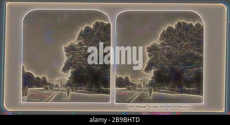 Vue sur l'avenue du Bois de Boulogne à Paris. Avenue du Bois de Boulogne (titre sur objet), arche triomphale, avenue, boulevard, promenade, esplanade, Neue Photographische Gesellschaft (mentionné sur objet), Paris, ch. 1900 - c. 1910, carton, papier photographique, imprimé argent gélatine, h 88 mm × W 179 mm, réinventé par Gibon, design de brillant gai chaud de luminosité et de rayonnement de rayons lumineux. L'art classique réinventé avec une touche moderne. La photographie inspirée du futurisme, qui embrasse l'énergie dynamique de la technologie moderne, du mouvement, de la vitesse et révolutionne la culture. Banque D'Images