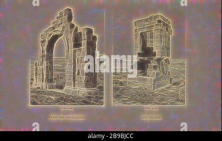 Arche romaine et mausolée à Lambaesis en Algérie Arc de mode Mausole (titre sur objet), gelding d'un logement, maison, château, etc., porte, entrée, mausolée, Lambaèse, anonyme, France, c. 1884 - en 1894 ou avant, papier, collotype, h 160 mm × W 248 mm, réinventé par Gibon, design de brillant gai chaud de luminosité et de rayons de lumière radiance. L'art classique réinventé avec une touche moderne. La photographie inspirée du futurisme, qui embrasse l'énergie dynamique de la technologie moderne, du mouvement, de la vitesse et révolutionne la culture. Banque D'Images