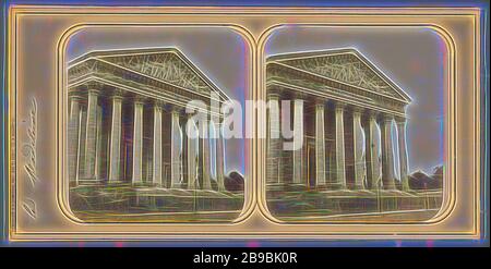 Vue sur la Madeleine à Paris (titre sur objet), la Madeleine (titre sur objet), parties de l'extérieur de l'église et annexes : façade, la Madeleine, F. Chevalier & A. Champeaux (mentionné sur objet), Paris, c. 1859 - c. 1865, papier photographique, carton, imprimé albumen, h 87 mm × W 175 mm, repensé par Gibon, design de gai gai chaud de luminosité et de rayons de lumière radiance. L'art classique réinventé avec une touche moderne. La photographie inspirée du futurisme, qui embrasse l'énergie dynamique de la technologie moderne, du mouvement, de la vitesse et révolutionne la culture. Banque D'Images