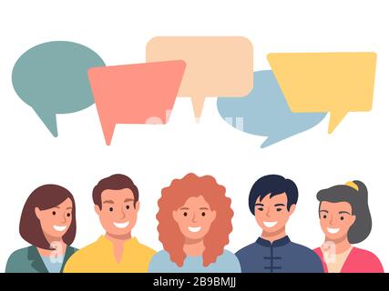 Les gens avatars avec des bulles de spaces. Communication entre hommes et femmes, lacustre de discussion. Collègues, équipe, réflexion, question, idée, réfléchir au concept. Illustration de Vecteur