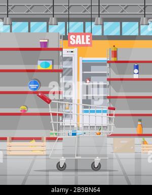 Intérieur du supermarché avec étagères vides. Illustration de Vecteur