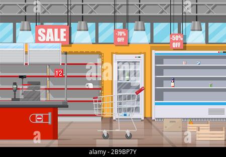 Intérieur du supermarché avec étagères vides. Illustration de Vecteur