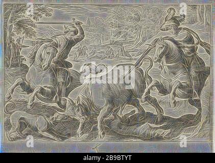 Paysage avec chasse de taureaux scènes de chasse (titre de la série) Icones Venantum espèces Varias Representantes (titre de la série), Paysage avec au premier plan deux cavaliers avec des épines et deux chiens chassant un taureau. En arrière-plan, divers chasseurs et cavaliers chassent un taureau. Imprimez à partir d'une série avec des scènes de chasse, de chasse, de chasse, Egbert Jansz., Zuid-Nederland, 1598, papier, gravure, h 90 mm × W 123 mm, repensée par Gibon, design de glanissement chaleureux et gai de luminosité et de rayons de lumière radiance. L'art classique réinventé avec une touche moderne. La photographie inspirée du futurisme, embrassant l'énergie dynamique Banque D'Images