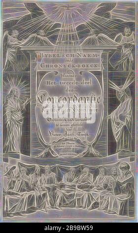 Page de titre de "Bible Bible et Chronicle Book, 1632 Bible Bible et Chronicle Book (titre sur l'objet), le Centre le titre du livre dans un cartouche. De chaque côté de l'intitulé Le Christ et Moïse. Au-dessus de la tete d'anges et l'Esprit Saint comme un pigeon. Sous le cartouche différentes figures de l'Ancien et du Nouveau Testament., Prophètes, sibylles, évangélistes, docteurs de l'Eglise, les personnes, la Bible (pas en contexte biblique), Christ, Moïse (pas dans le contexte biblique), attributs possibles : les rayons de lumière ou des cornes sur sa tête, Rod, Tables de la Loi, Saint-esprit représenté comme une colombe (en flammes) (angel (s Banque D'Images