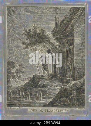 Ferme sur le front de mer 1. Vûe de Flandre (titre sur objet) visages de Flandre (titre de série), à l'entrée d'une ferme une femme se tient à regarder un homme avec une canne. La maison est sur l'eau. L'imprimé fait partie d'une série de paysages flamands, arbres : saule, logement rural, p.ex. maison de campagne, villa, chalet, pays basse colline, Jan Lauwryn Krafft (i) (mentionné sur objet), Pays-Bas du Sud, 1704 - 1764, papier, gravure, h 173 mm × W 130 mm, repensé par Gibon, conception de glanissement chaleureux de la luminosité et des rayons lumineux radiance. L'art classique réinventé avec une touche moderne. Photog Banque D'Images