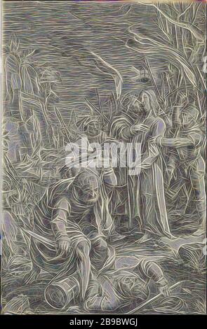 Capture du Christ la Passion (titre de la série), le Christ est capturé par des soldats dans le jardin de Gethsemane. Judas l'embrasse sur la joue. Au premier plan, Petrus Malchus chops d'une oreille, Peter tire son épée et coupe l'oreille de Malchus, le baiser de Judas: Accompagné de soldats avec des torches et des lanternes, il embrasse Christ, Ludovicus Siceram, Anvers, 1623, papier, gravure, h 193 mm × W 128 mm, repensé par Gibon, design de glanage chaleureux et gai de luminosité et de rayons de lumière radiance. L'art classique réinventé avec une touche moderne. La photographie inspirée du futurisme, embrassant l'énergie dynamique du mode Banque D'Images